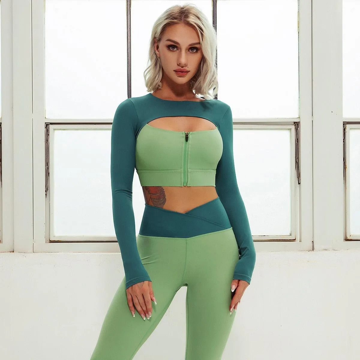 2 Pieces Seamless Yoga Set Sexy Zipper High Waist Leggings