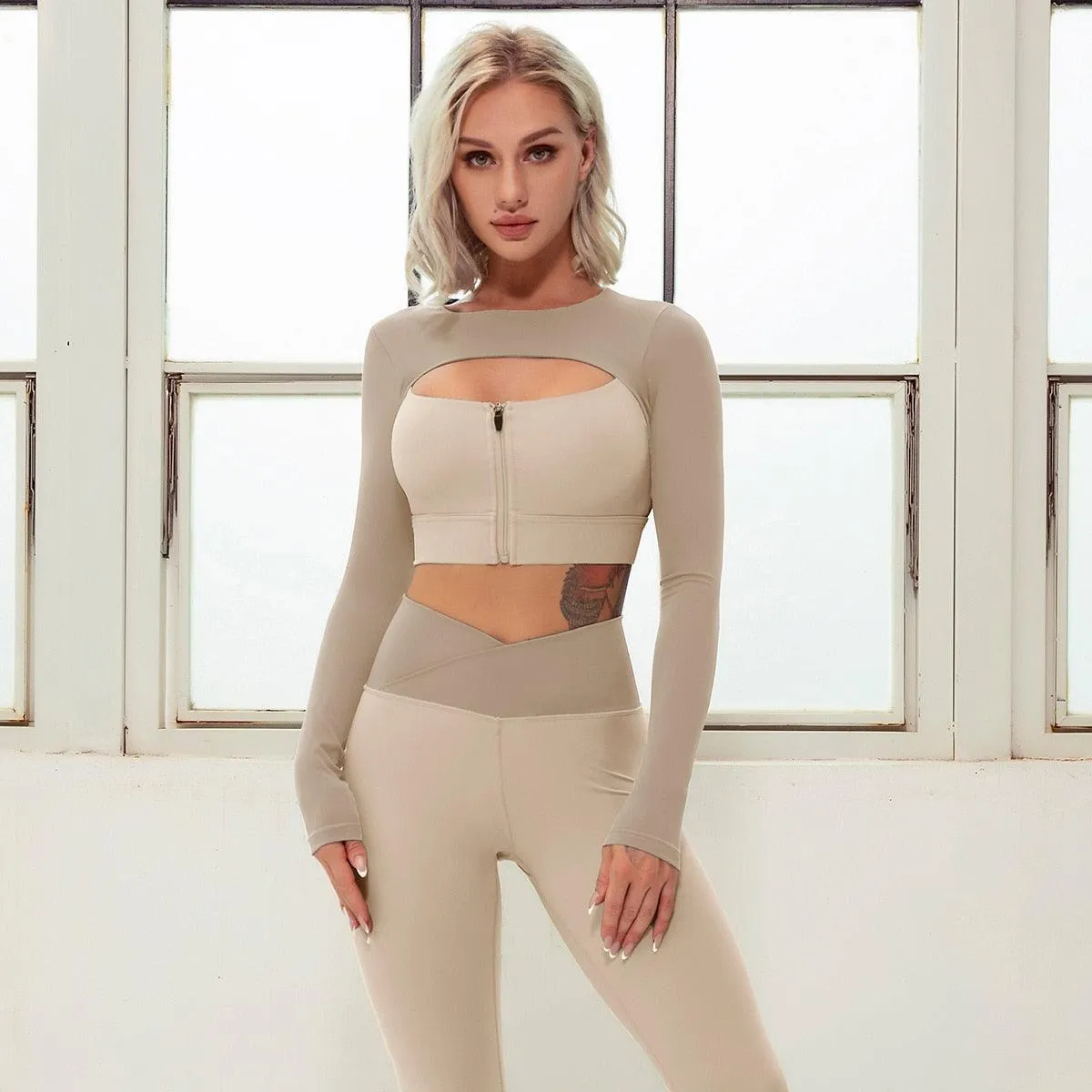 2 Pieces Seamless Yoga Set Sexy Zipper High Waist Leggings