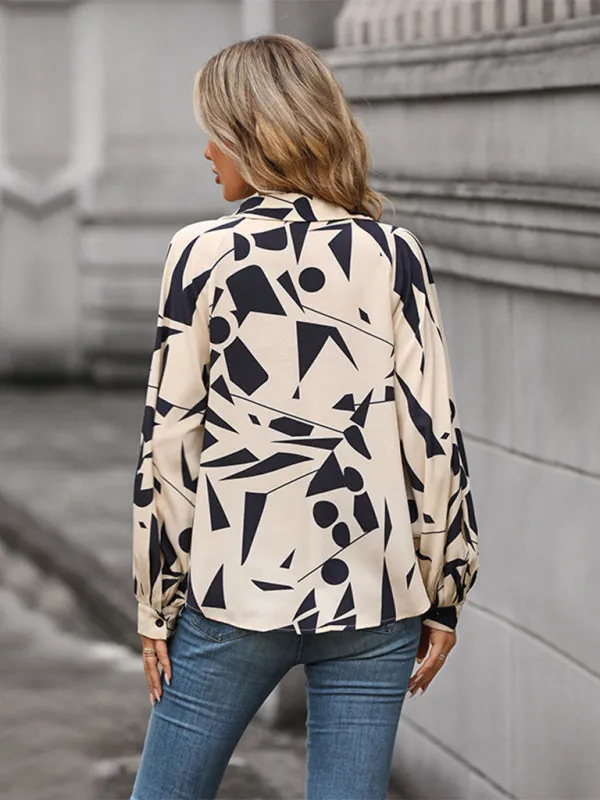 Abstract Print Balloon Sleeve Collar Blouse