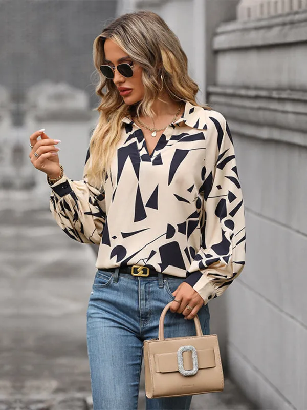 Abstract Print Balloon Sleeve Collar Blouse