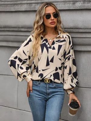 Abstract Print Balloon Sleeve Collar Blouse