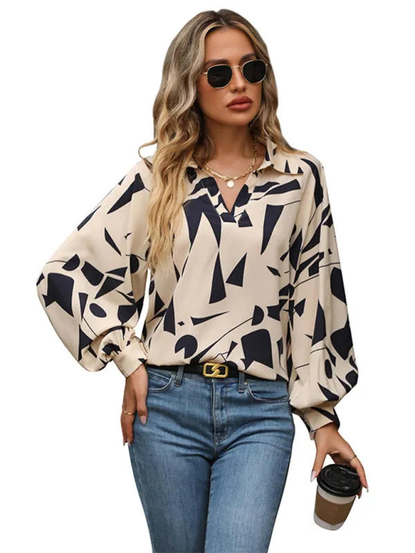 Abstract Print Balloon Sleeve Collar Blouse