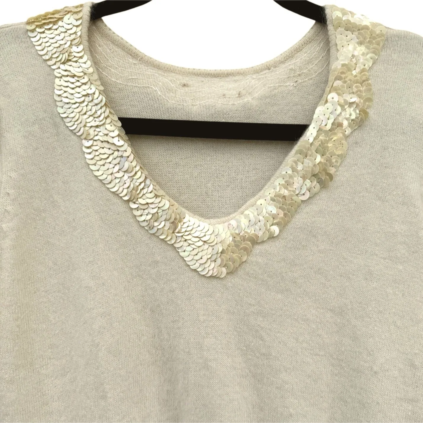 Angora and Sequin Vintage V Neck Pleat Shoulder Long Balloon Sleeve Sweater