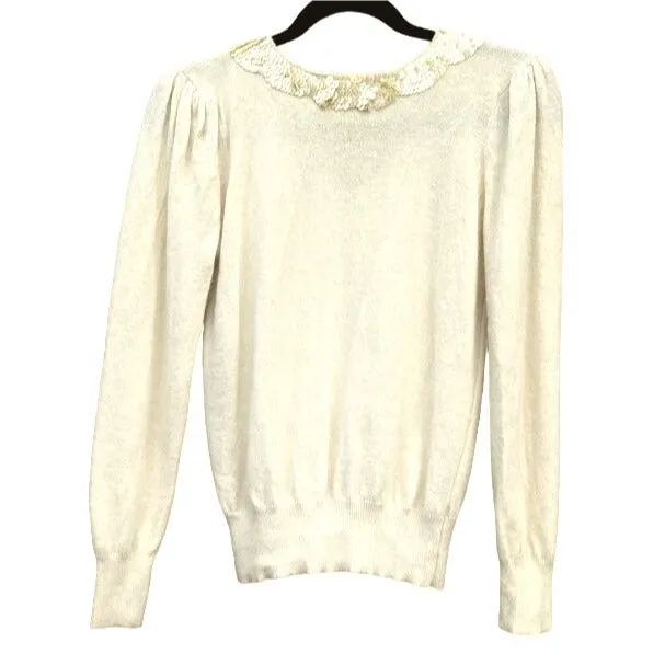 Angora and Sequin Vintage V Neck Pleat Shoulder Long Balloon Sleeve Sweater