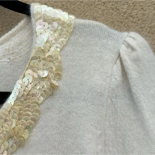 Angora and Sequin Vintage V Neck Pleat Shoulder Long Balloon Sleeve Sweater