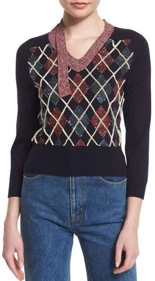 Argyle Patchwork V Neck Sweater