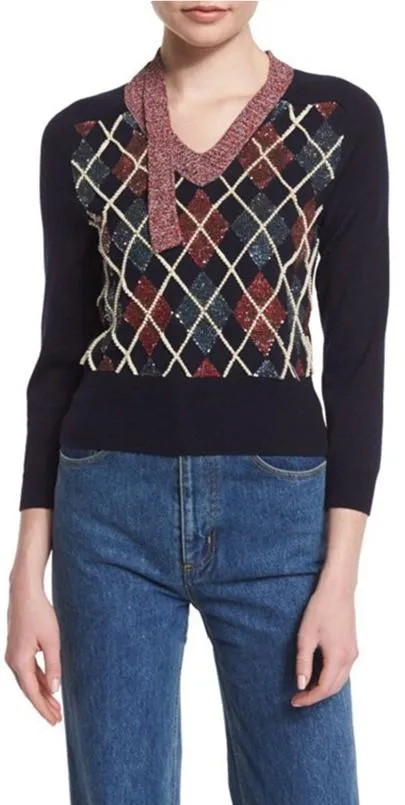 Argyle Patchwork V Neck Sweater