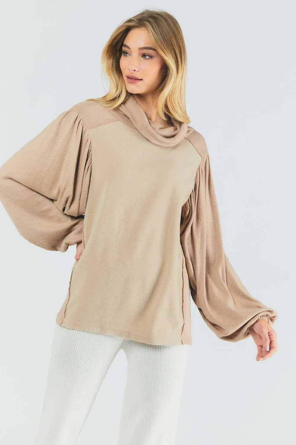Balloon Sleeve Light Turtle Neck - Beige