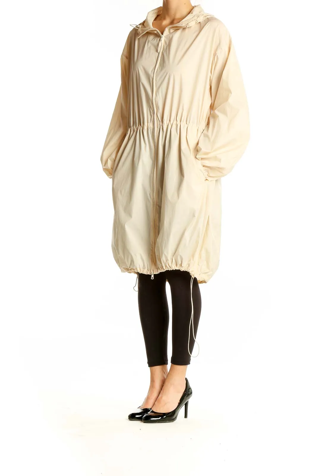 Beige Hooded Drawstring Parka Jacket