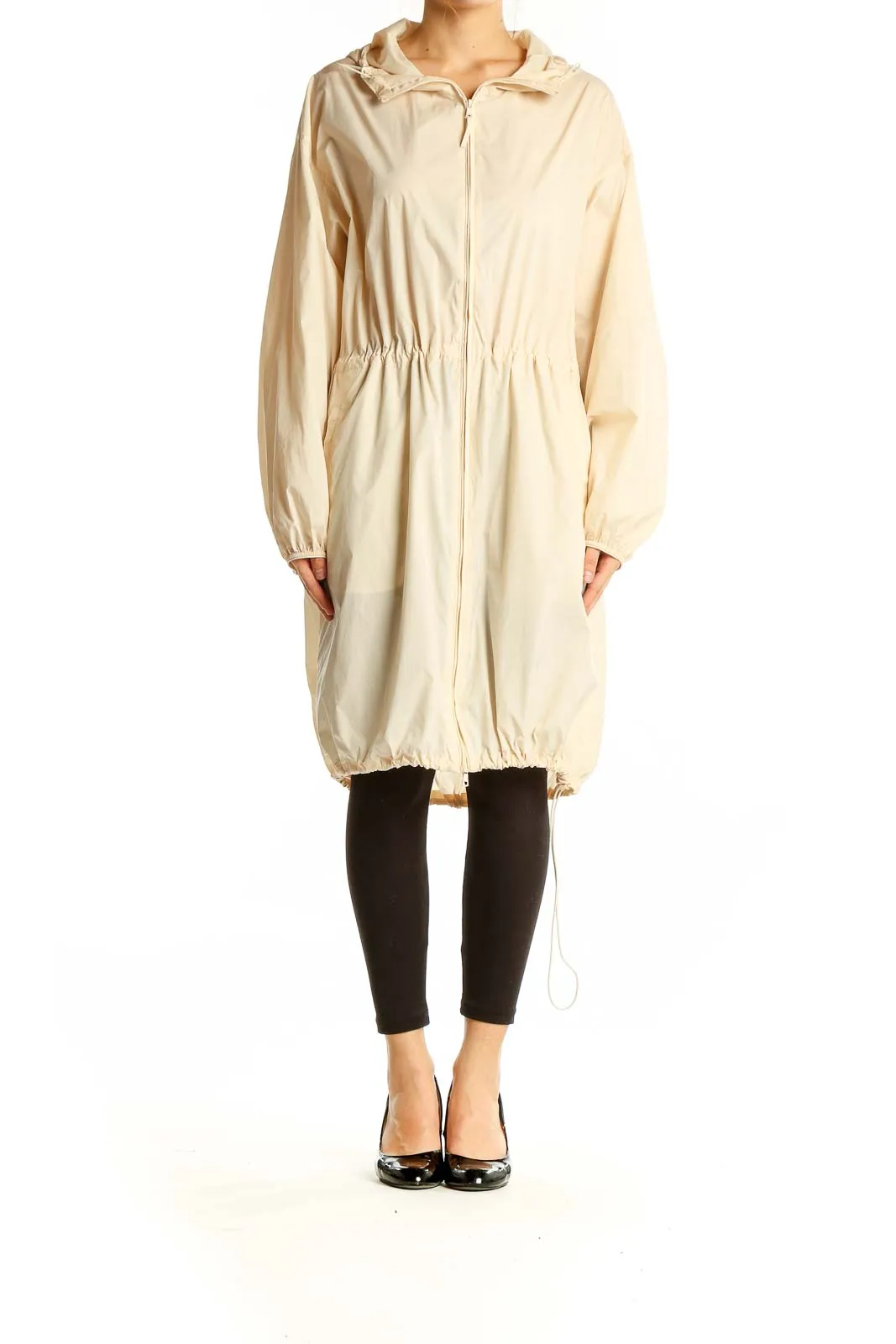Beige Hooded Drawstring Parka Jacket