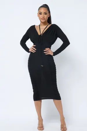 Black Long Sleeve Midi Dress With Low V Neck Front And Back With Ruching On Sides And Chest_