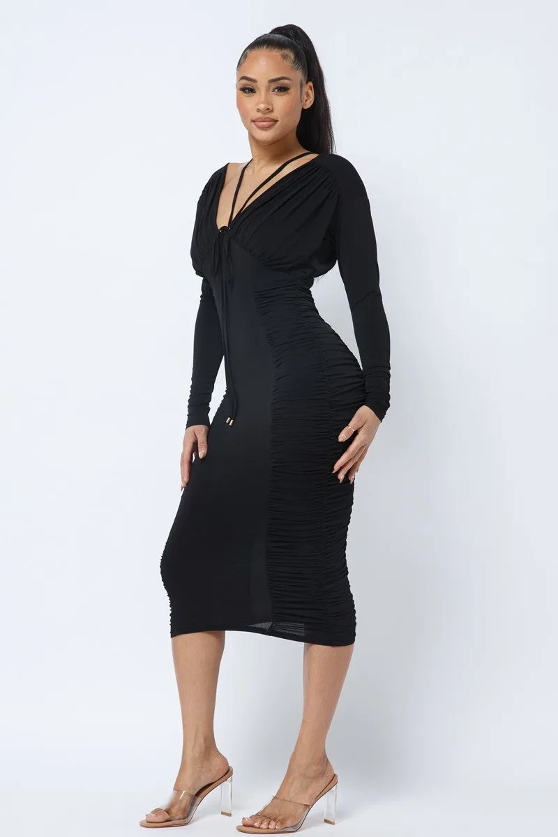 Black Long Sleeve Midi Dress With Low V Neck Front And Back With Ruching On Sides And Chest_