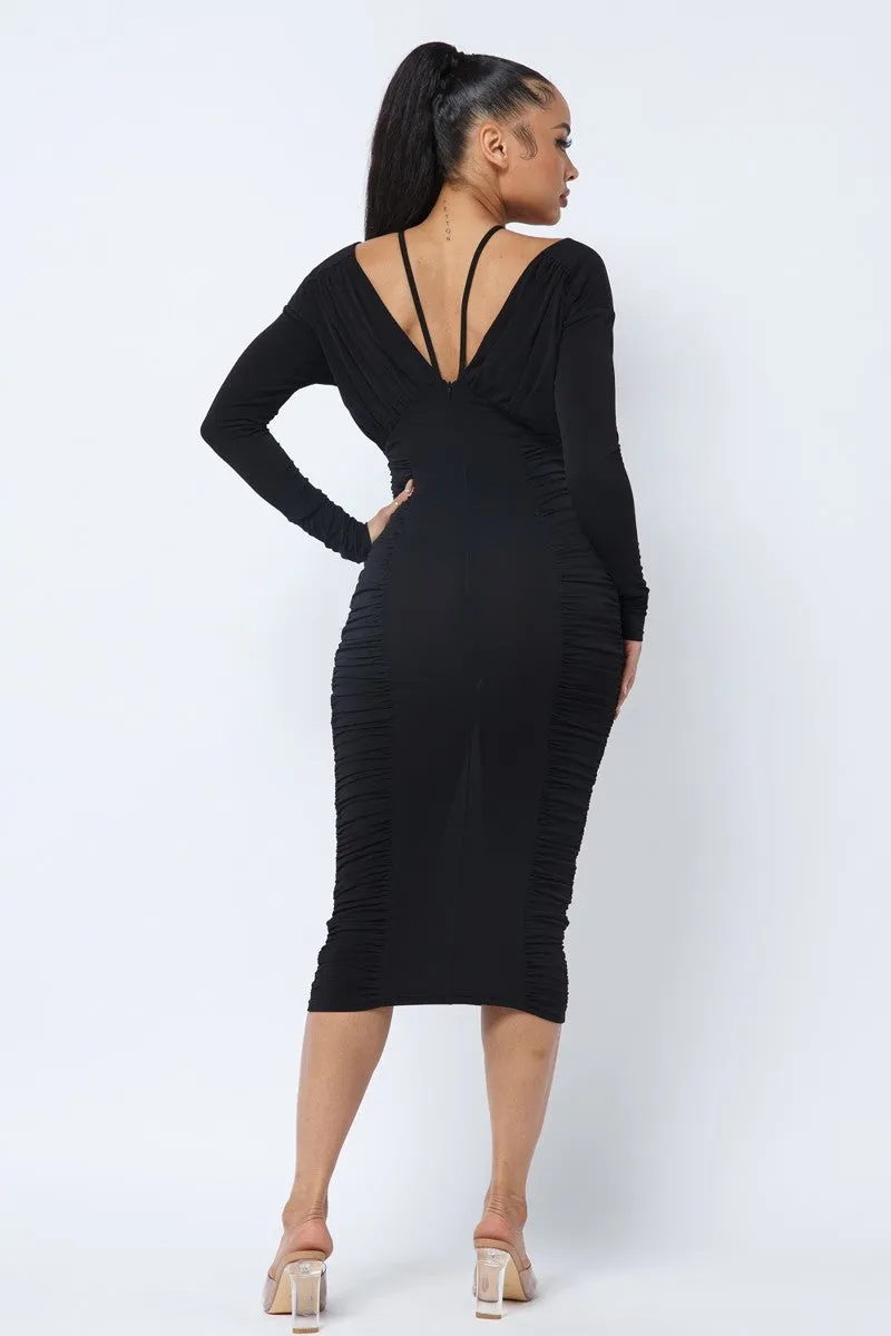 Black Long Sleeve Midi Dress With Low V Neck Front And Back With Ruching On Sides And Chest_
