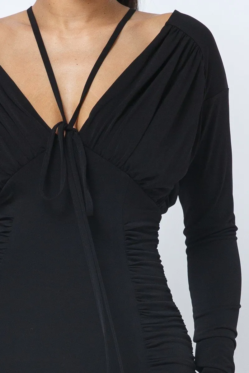 Black Long Sleeve Midi Dress With Low V Neck Front And Back With Ruching On Sides And Chest_
