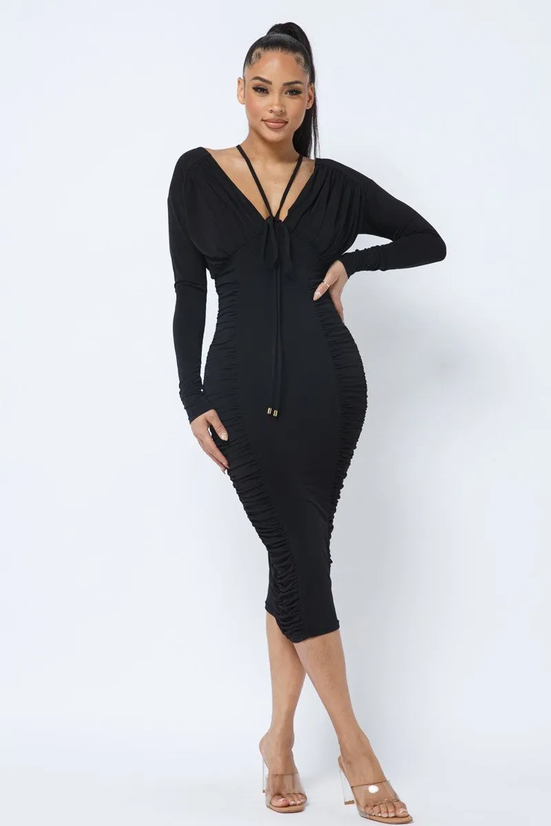 Black Long Sleeve Midi Dress With Low V Neck Front And Back With Ruching On Sides And Chest_
