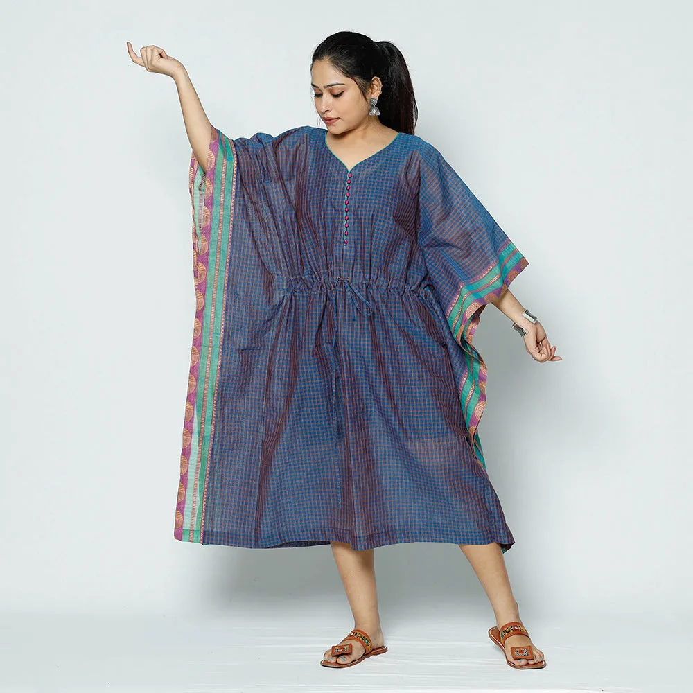 Blue - Kanchipuram Checks Cotton Kaftan with Tie-Up Waist (Medium)