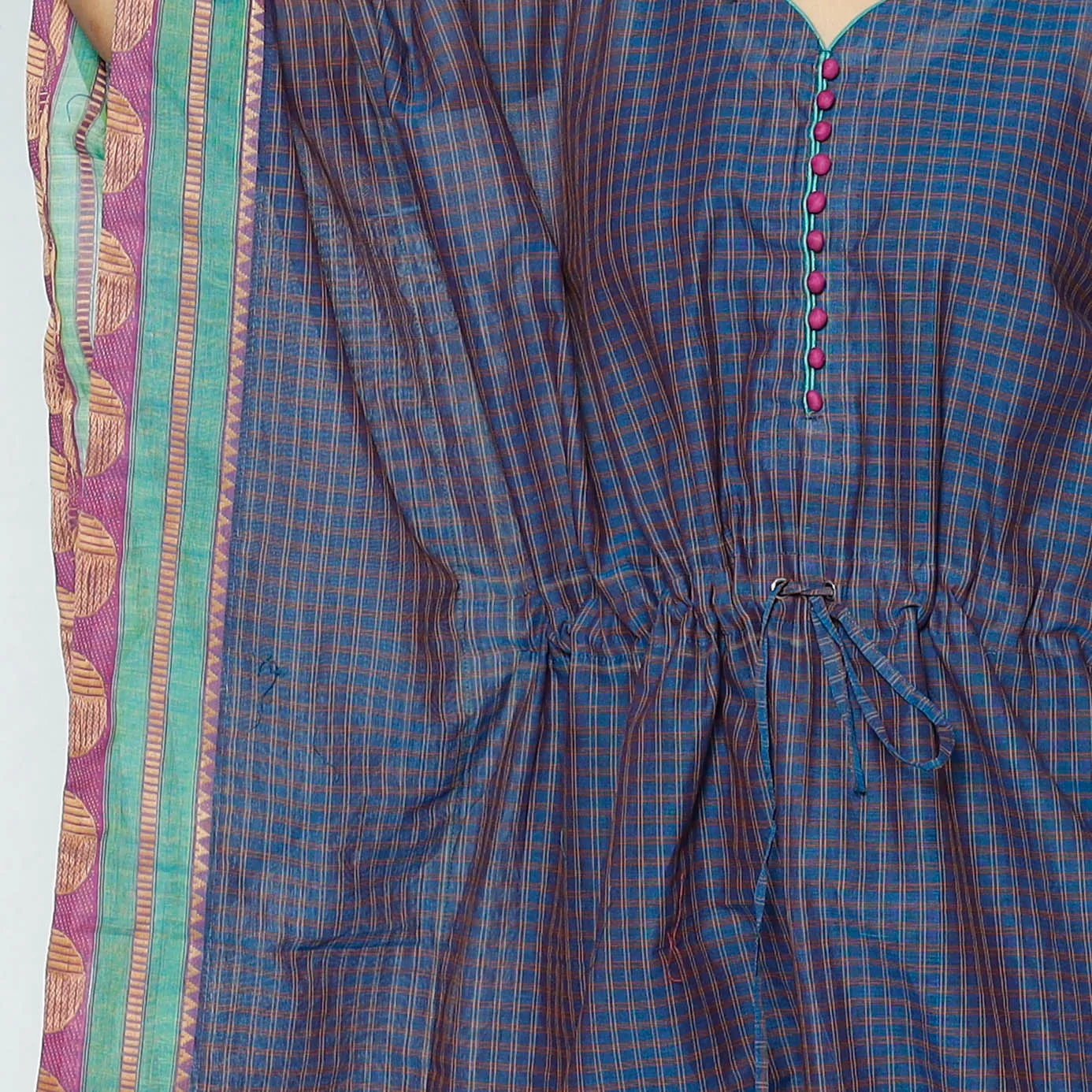 Blue - Kanchipuram Checks Cotton Kaftan with Tie-Up Waist (Medium)