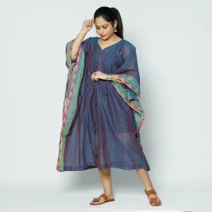 Blue - Kanchipuram Checks Cotton Kaftan with Tie-Up Waist (Medium)
