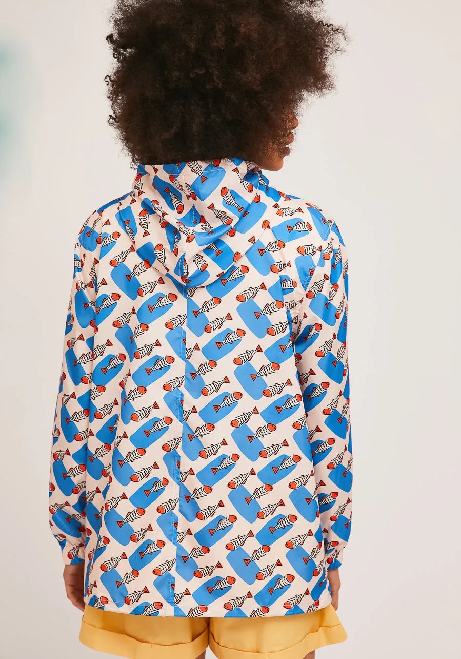Blue Sardine Print Short Hooded Raincoat Parka SS21COC30 by Compania Fantastica