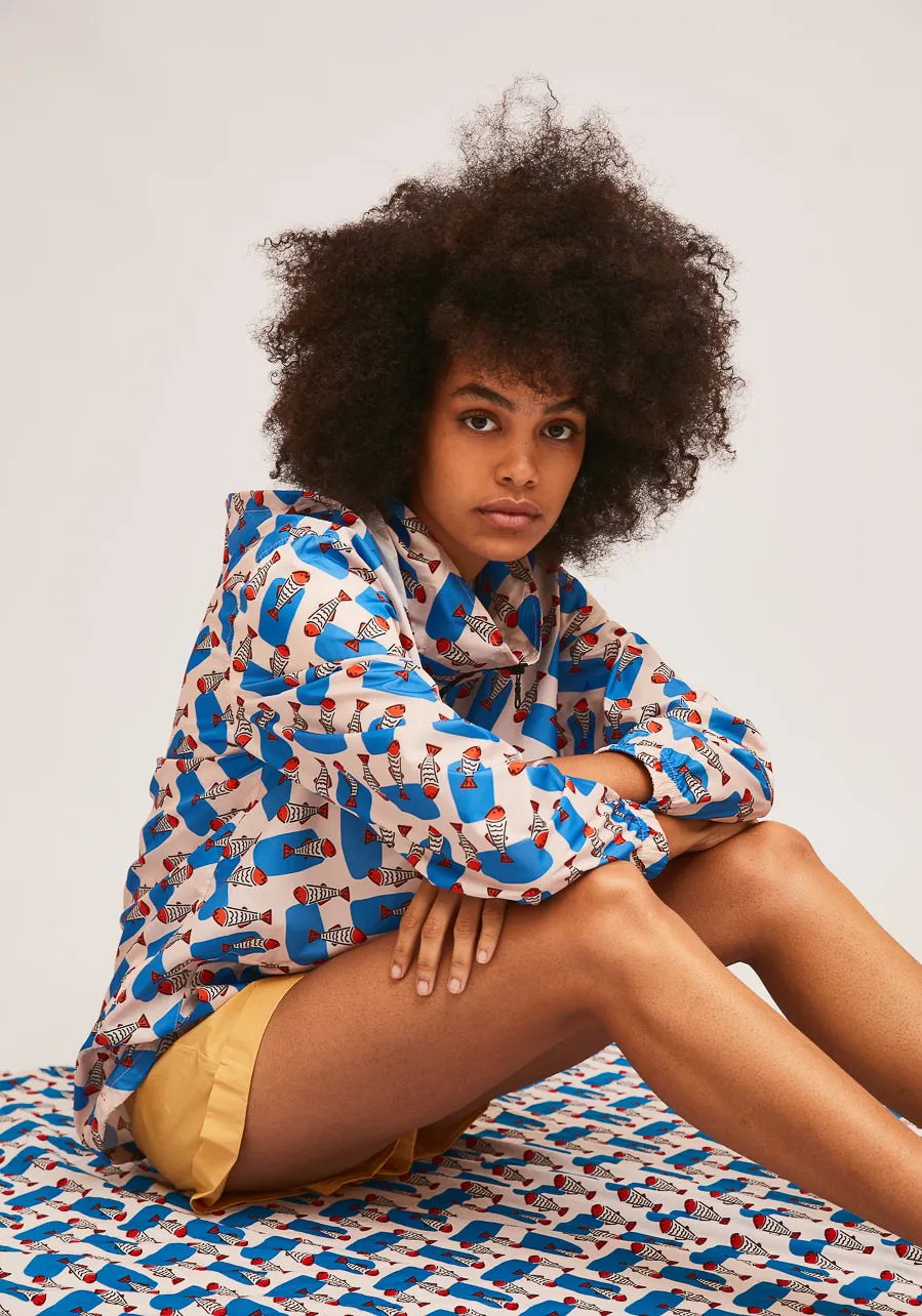 Blue Sardine Print Short Hooded Raincoat Parka SS21COC30 by Compania Fantastica