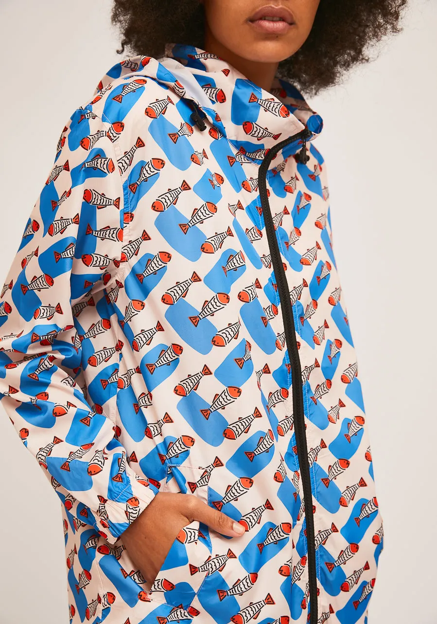Blue Sardine Print Short Hooded Raincoat Parka SS21COC30 by Compania Fantastica