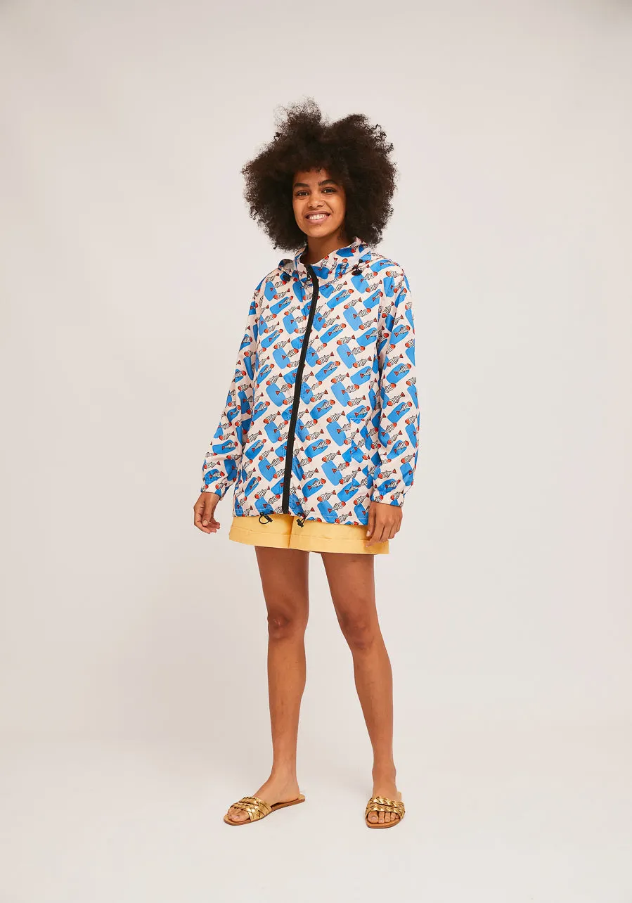 Blue Sardine Print Short Hooded Raincoat Parka SS21COC30 by Compania Fantastica