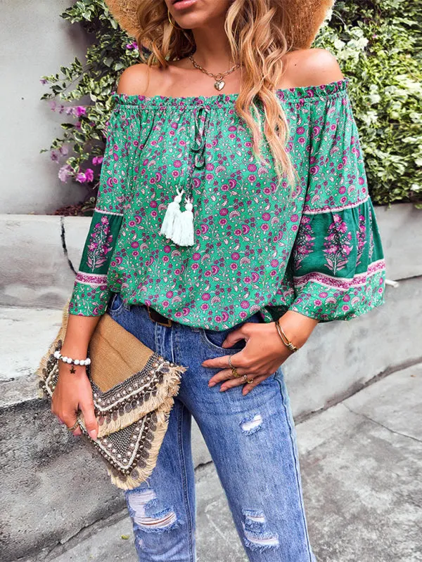 Bohemian Off-Shoulder Blouse with Drawstring and Balloon Sleeves