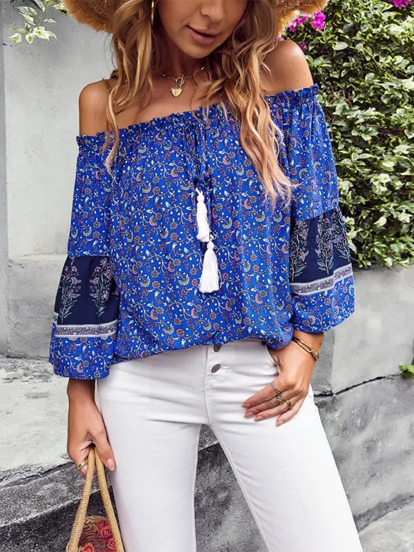 Bohemian Off-Shoulder Blouse with Drawstring and Balloon Sleeves