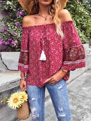 Bohemian Off-Shoulder Blouse with Drawstring and Balloon Sleeves