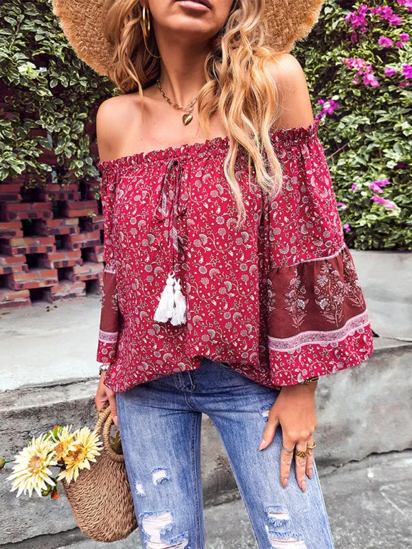 Bohemian Off-Shoulder Blouse with Drawstring and Balloon Sleeves