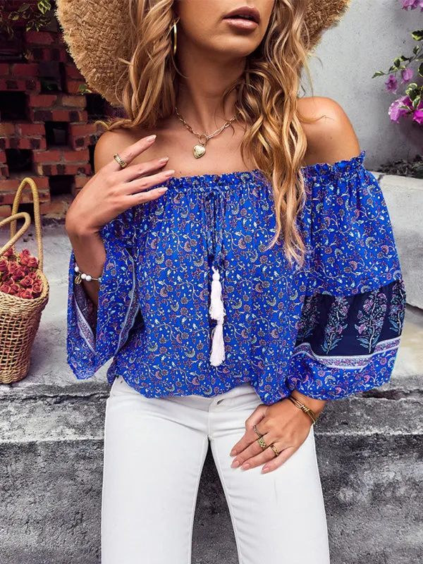 Bohemian Off-Shoulder Blouse with Drawstring and Balloon Sleeves