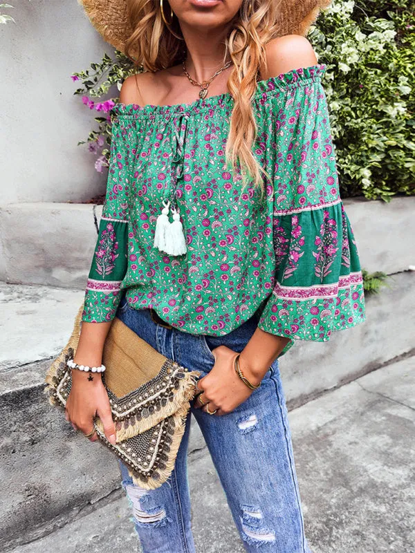 Bohemian Off-Shoulder Blouse with Drawstring and Balloon Sleeves
