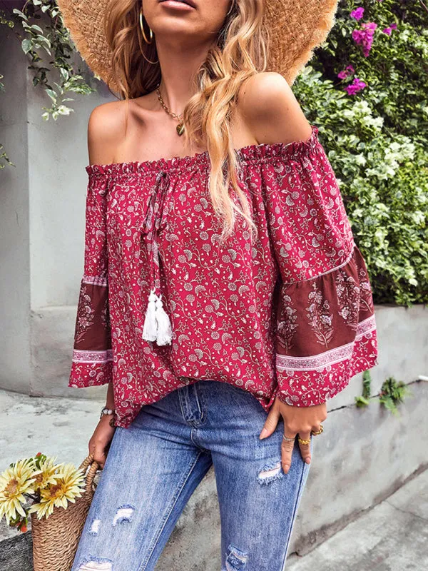 Bohemian Off-Shoulder Blouse with Drawstring and Balloon Sleeves