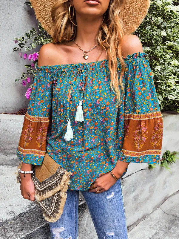 Bohemian Off-Shoulder Blouse with Drawstring and Balloon Sleeves