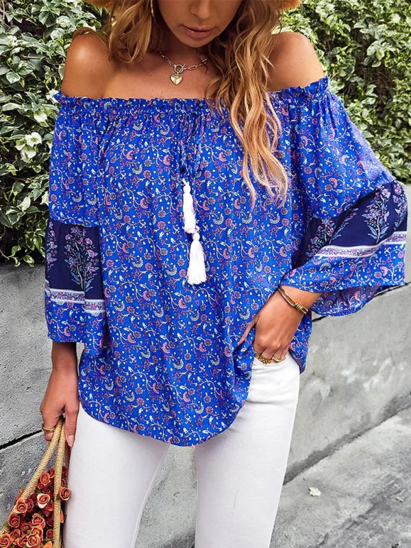 Bohemian Off-Shoulder Blouse with Drawstring and Balloon Sleeves
