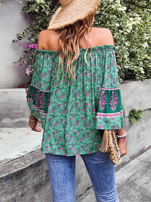 Bohemian Off-Shoulder Blouse with Drawstring and Balloon Sleeves