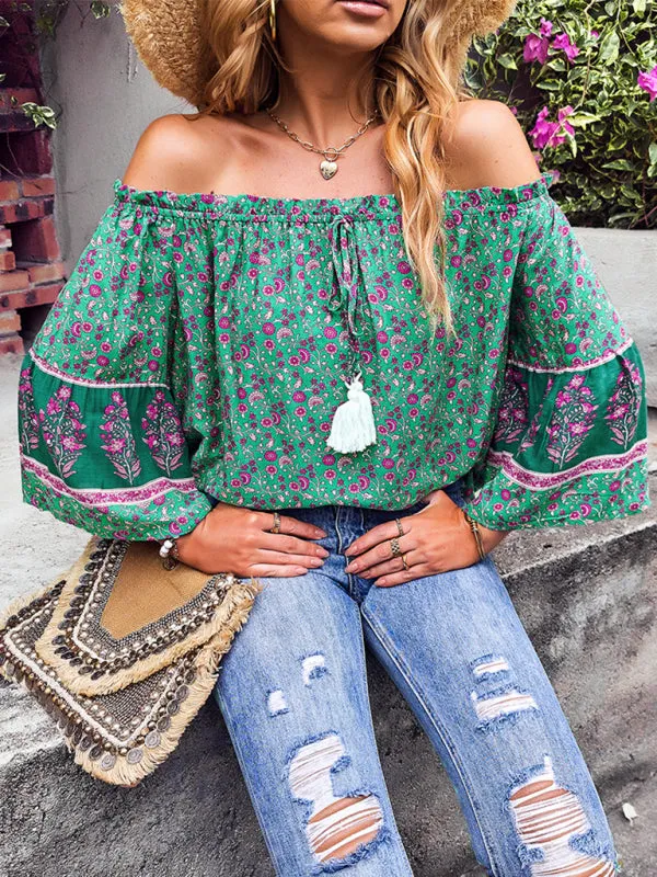 Bohemian Off-Shoulder Blouse with Drawstring and Balloon Sleeves