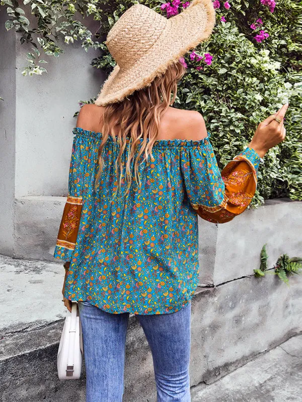 Bohemian Off-Shoulder Blouse with Drawstring and Balloon Sleeves