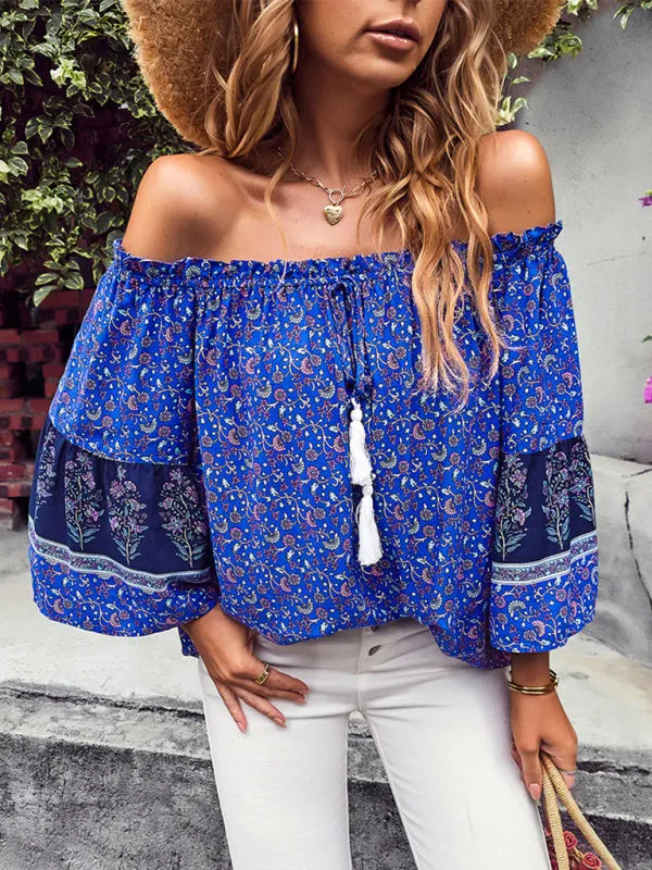 Bohemian Off-Shoulder Blouse with Drawstring and Balloon Sleeves