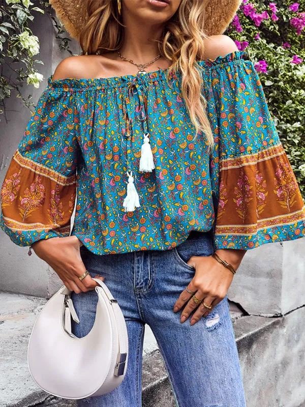 Bohemian Off-Shoulder Blouse with Drawstring and Balloon Sleeves