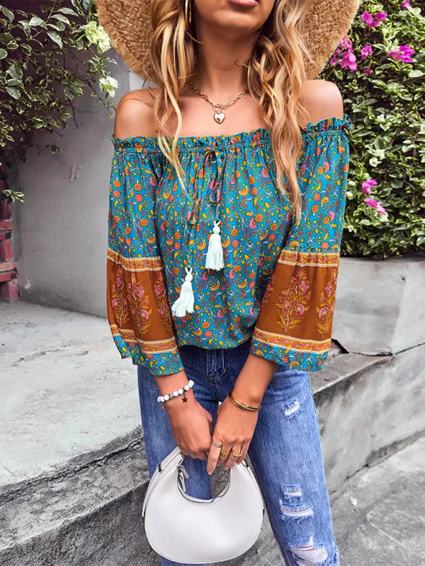 Bohemian Off-Shoulder Blouse with Drawstring and Balloon Sleeves
