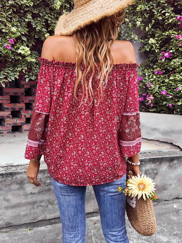 Bohemian Off-Shoulder Blouse with Drawstring and Balloon Sleeves