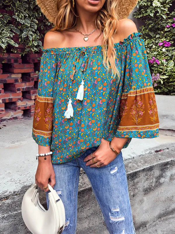 Bohemian Off-Shoulder Blouse with Drawstring and Balloon Sleeves