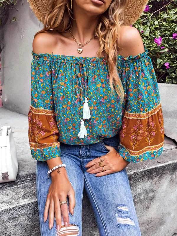 Bohemian Off-Shoulder Blouse with Drawstring and Balloon Sleeves