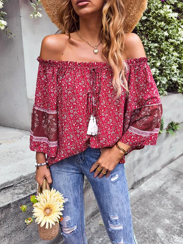 Bohemian Off-Shoulder Blouse with Drawstring and Balloon Sleeves