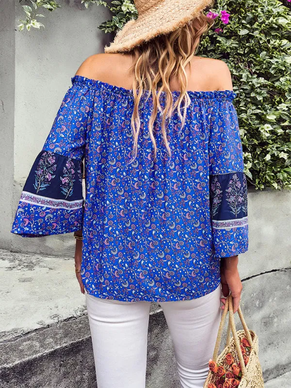 Bohemian Off-Shoulder Blouse with Drawstring and Balloon Sleeves