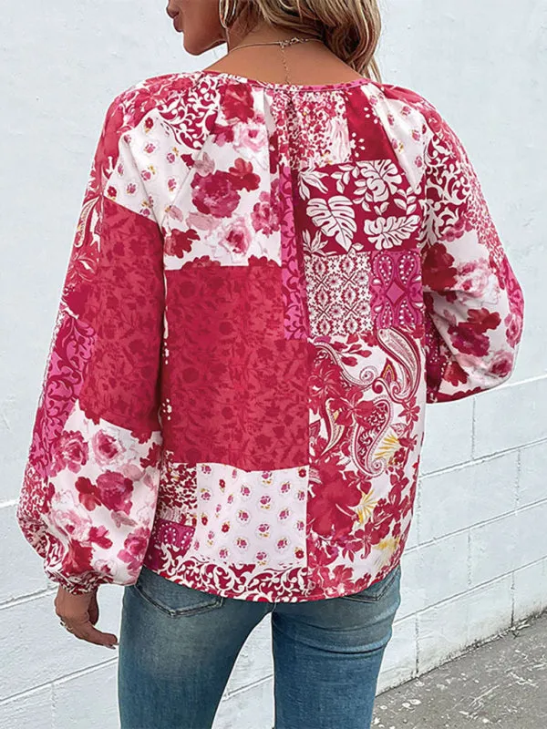 Boho Floral Blouse with Balloon Sleeves and V-Neck for Women