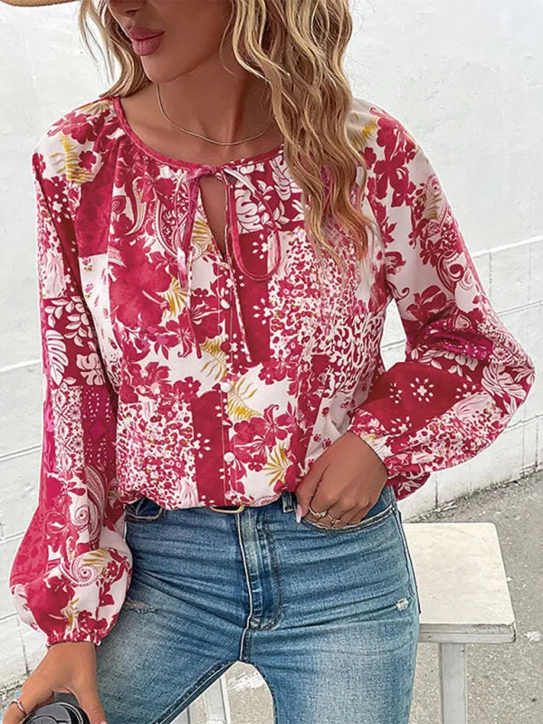 Boho Floral Blouse with Balloon Sleeves and V-Neck for Women