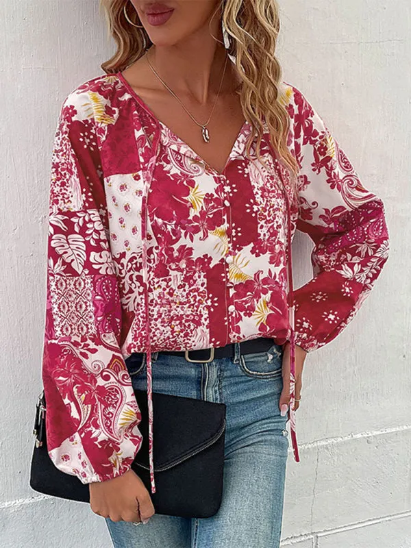 Boho Floral Blouse with Balloon Sleeves and V-Neck for Women