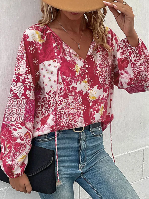 Boho Floral Blouse with Balloon Sleeves and V-Neck for Women
